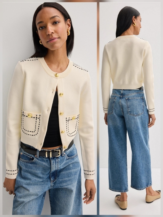 English Factory Sweaters - English Factory Stitch Detail Puff Sleeve Cardigan Crew Neck Long Sleeve Size L